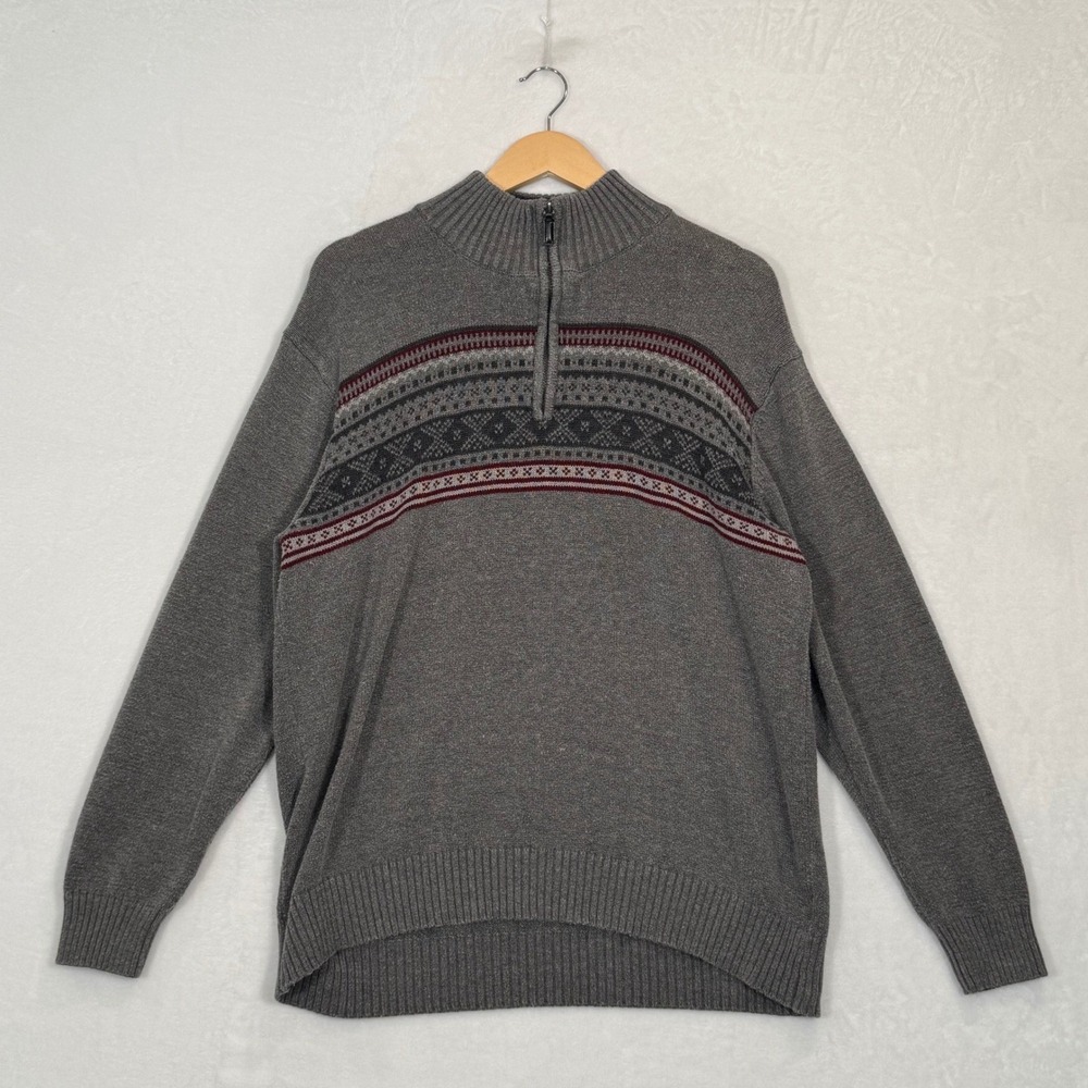 Vintage Tricots St Raphael Grey Fair Isle Quarter Zip Sweater XL